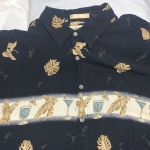 Men’s Campia Black w Leaf pattern Short Sleeve Button Down Rayon Shirt Size XL